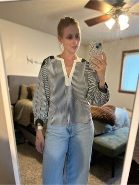 LOFT Navy and White Striped Top with Green Detail
